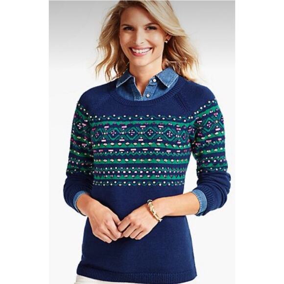Talbots Jeweled Sweater Womens Large Petite Blue Fair Isle Crewneck Rhinestones - Picture 2 of 8